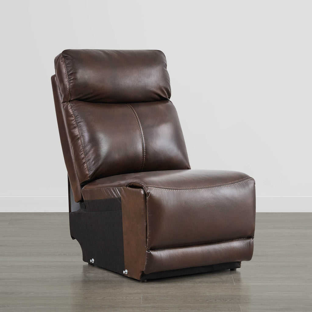 Canapé inclinable électrique Isaac en cuir véritable, avec dossier basculant électrique, pour installation contre un mur.