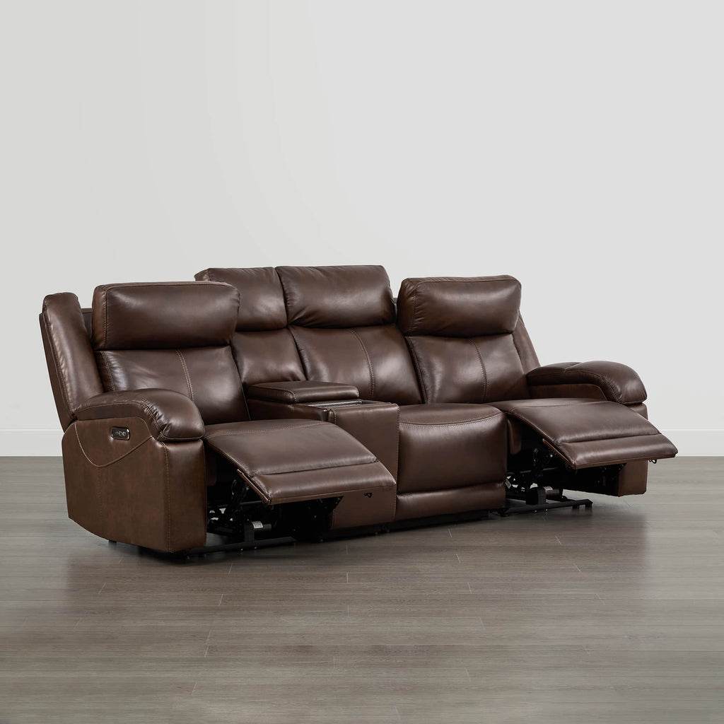 Canapé inclinable électrique Isaac en cuir véritable, avec dossier basculant électrique, pour installation contre un mur.