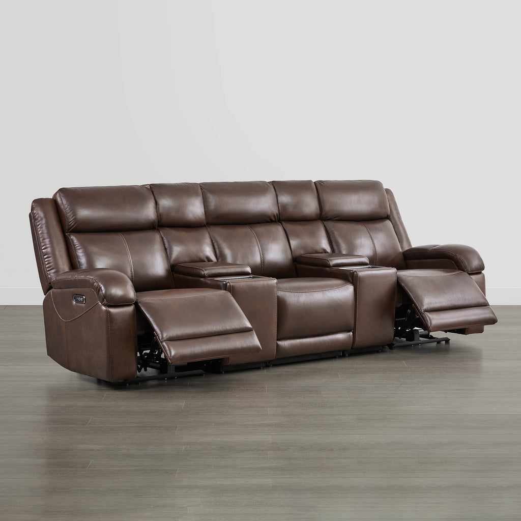 Canapé inclinable électrique Isaac en cuir véritable, avec dossier basculant électrique, pour installation contre un mur.