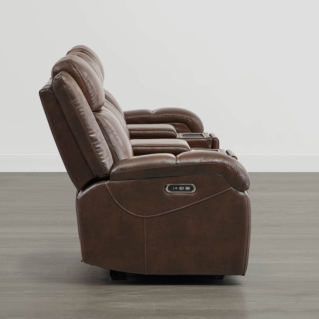 Canapé inclinable électrique Isaac en cuir véritable, avec dossier basculant électrique, pour installation contre un mur.