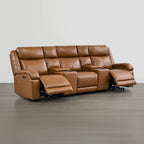 Canapé inclinable électrique Isaac en cuir véritable, avec dossier basculant électrique, pour installation contre un mur.