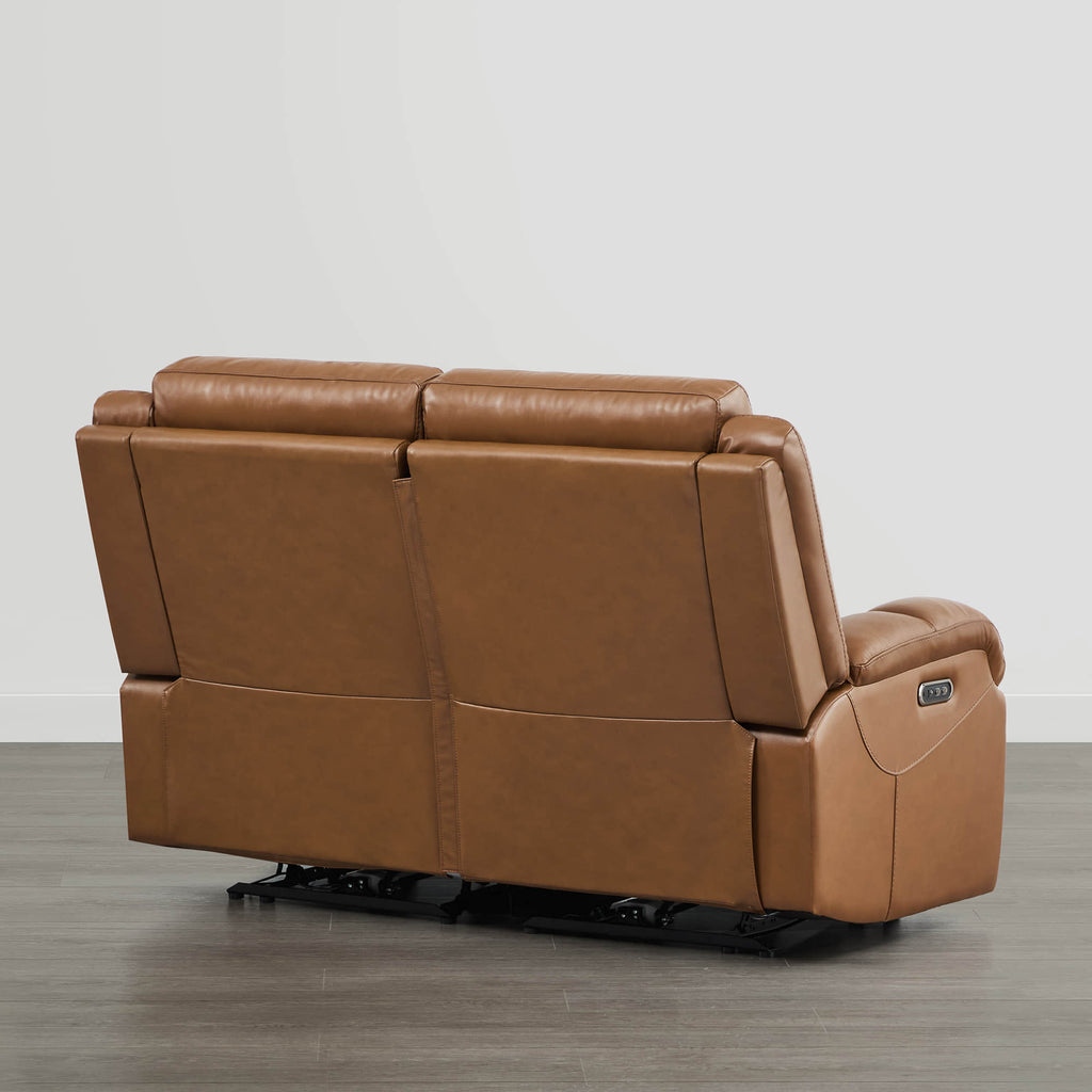 Canapé inclinable électrique Isaac en cuir véritable, avec dossier basculant électrique, pour installation contre un mur.