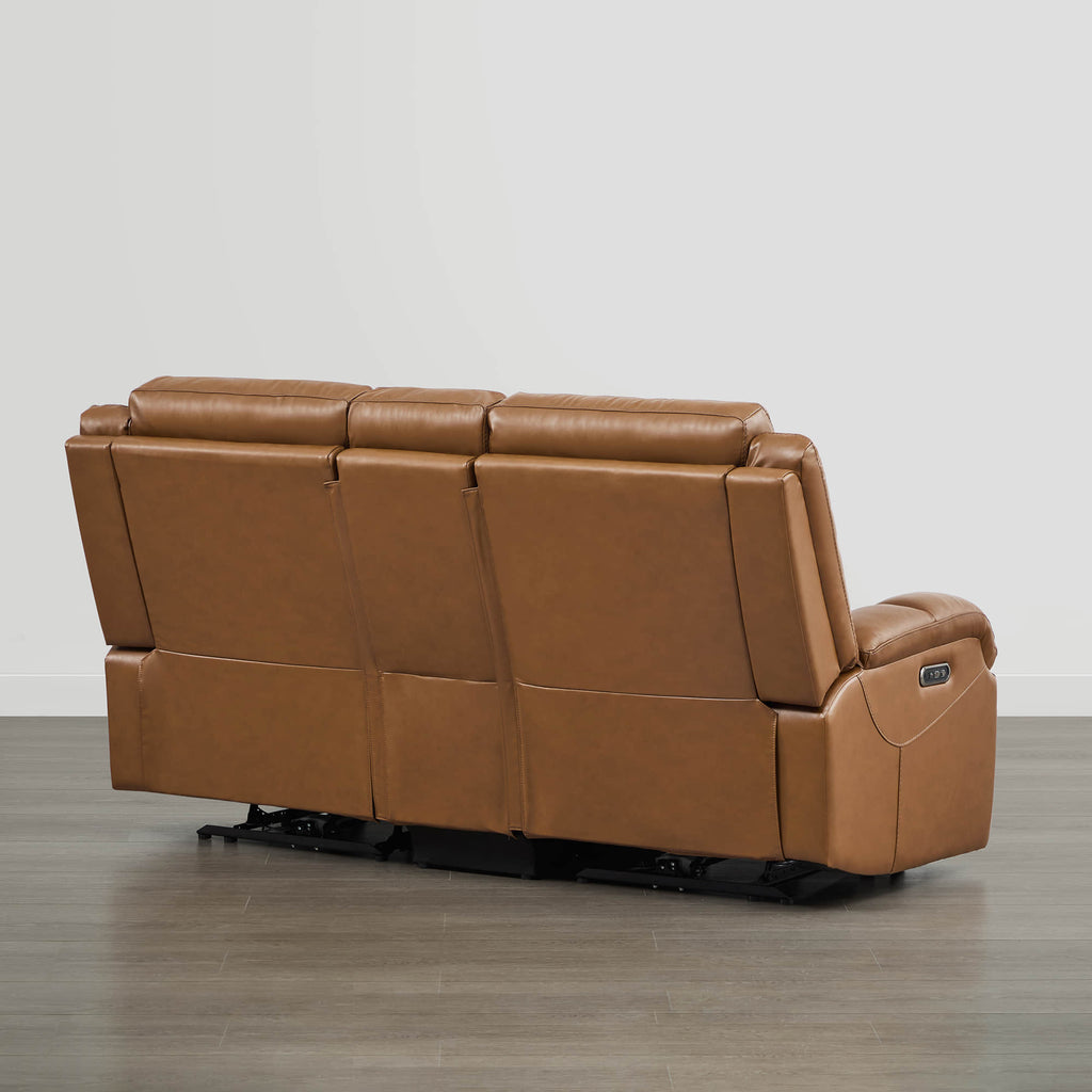 Canapé inclinable électrique Isaac en cuir véritable, avec dossier basculant électrique, pour installation contre un mur.