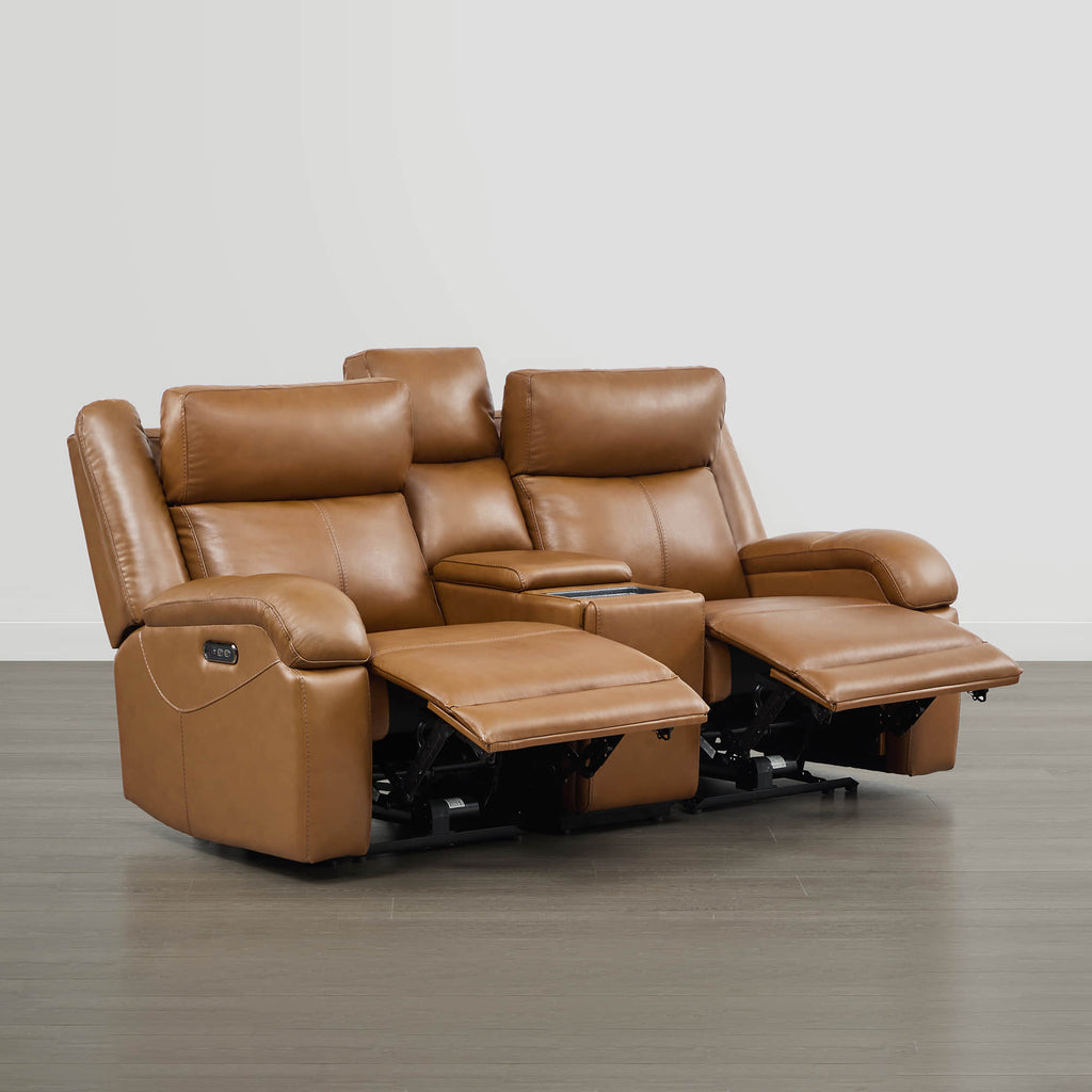 Canapé inclinable électrique Isaac en cuir véritable, avec dossier basculant électrique, pour installation contre un mur.