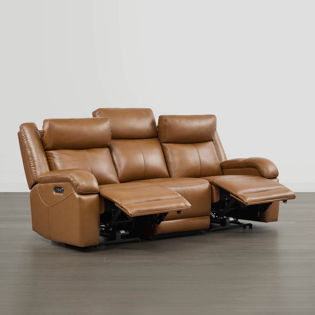 Canapé inclinable électrique Isaac en cuir véritable, avec dossier basculant électrique, pour installation contre un mur.