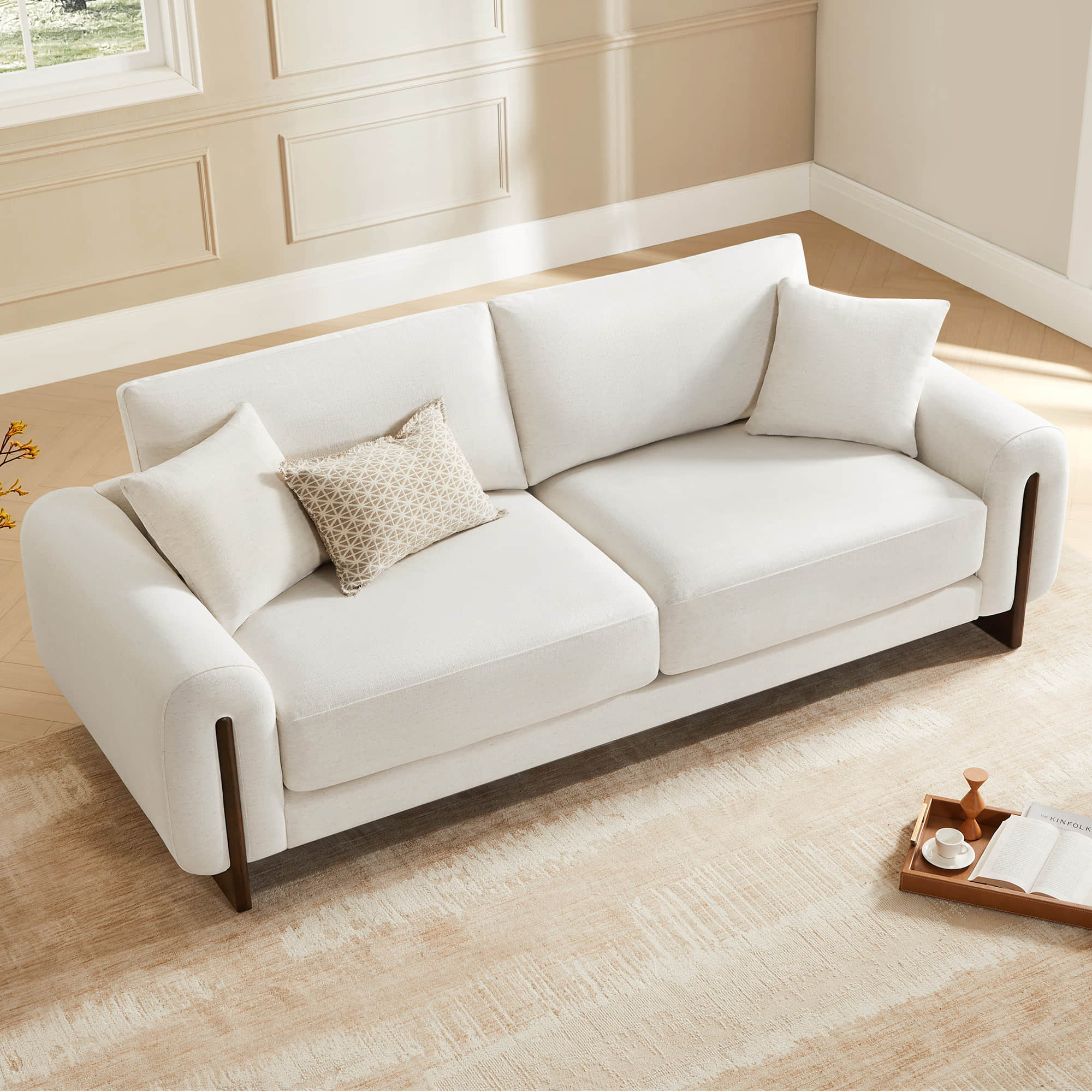 Kiara 3-Seater Chenille Sofa with Birch Wood Base