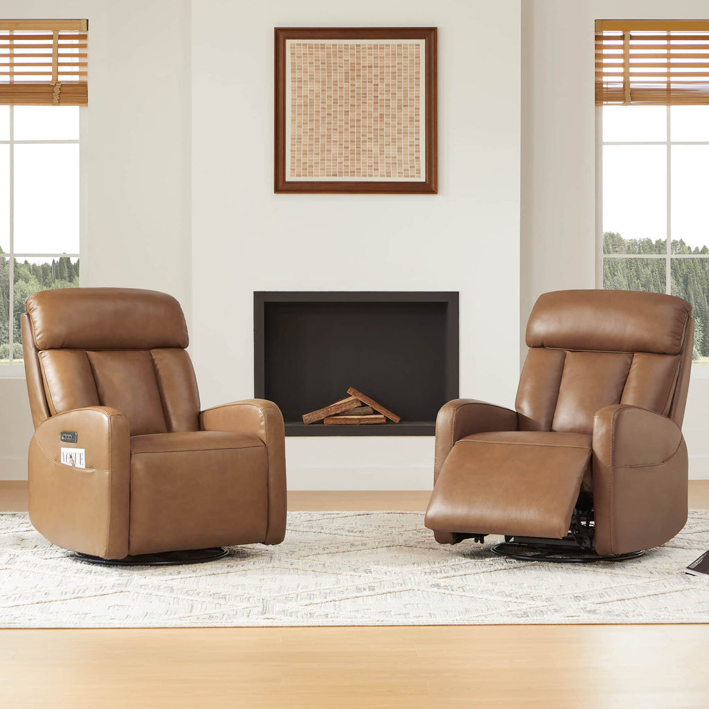 Maxwell Genuine Leather Swivel Glider Recliner with Power Lumbar&Headrest