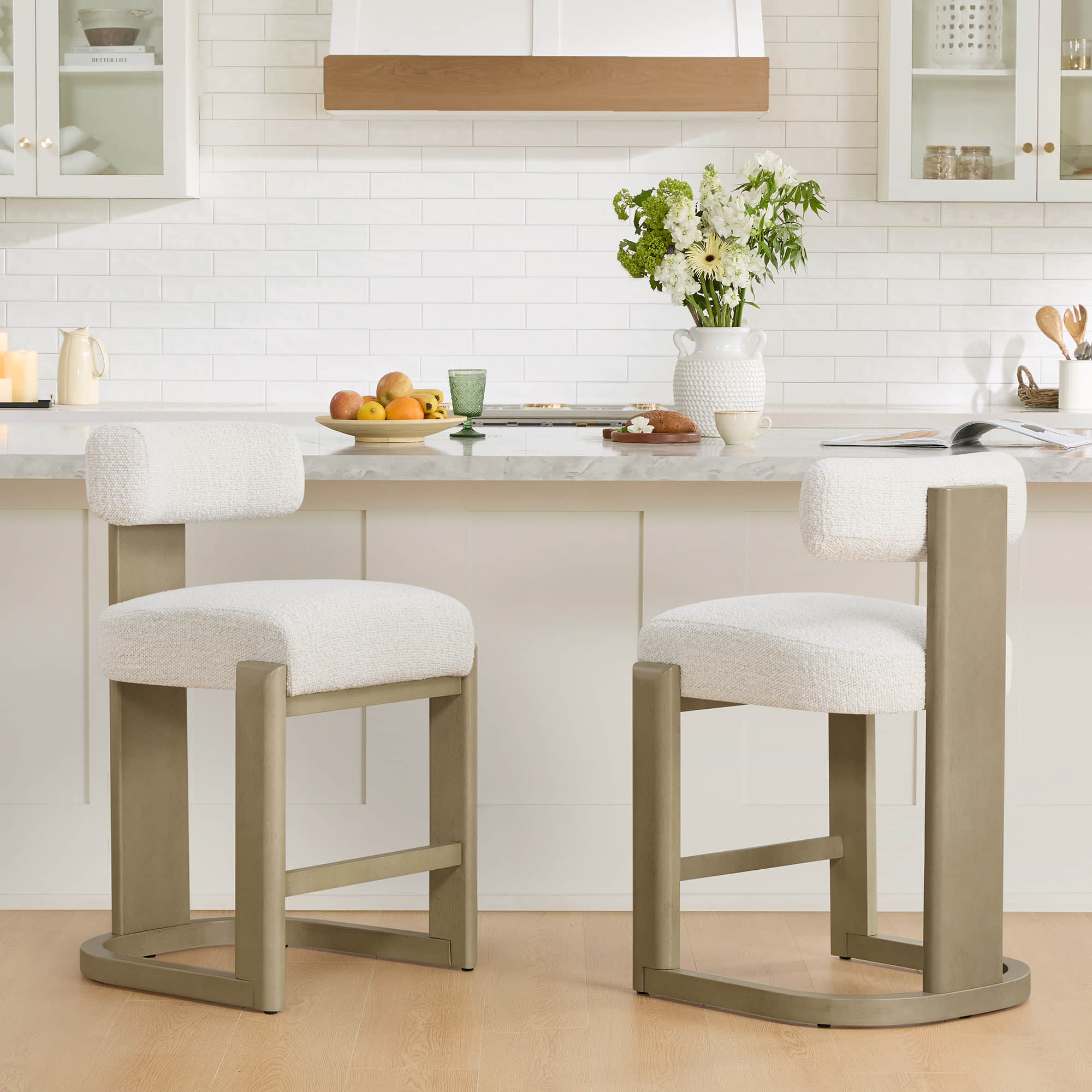 Troy Boucle Counter Stools With Solid Wood