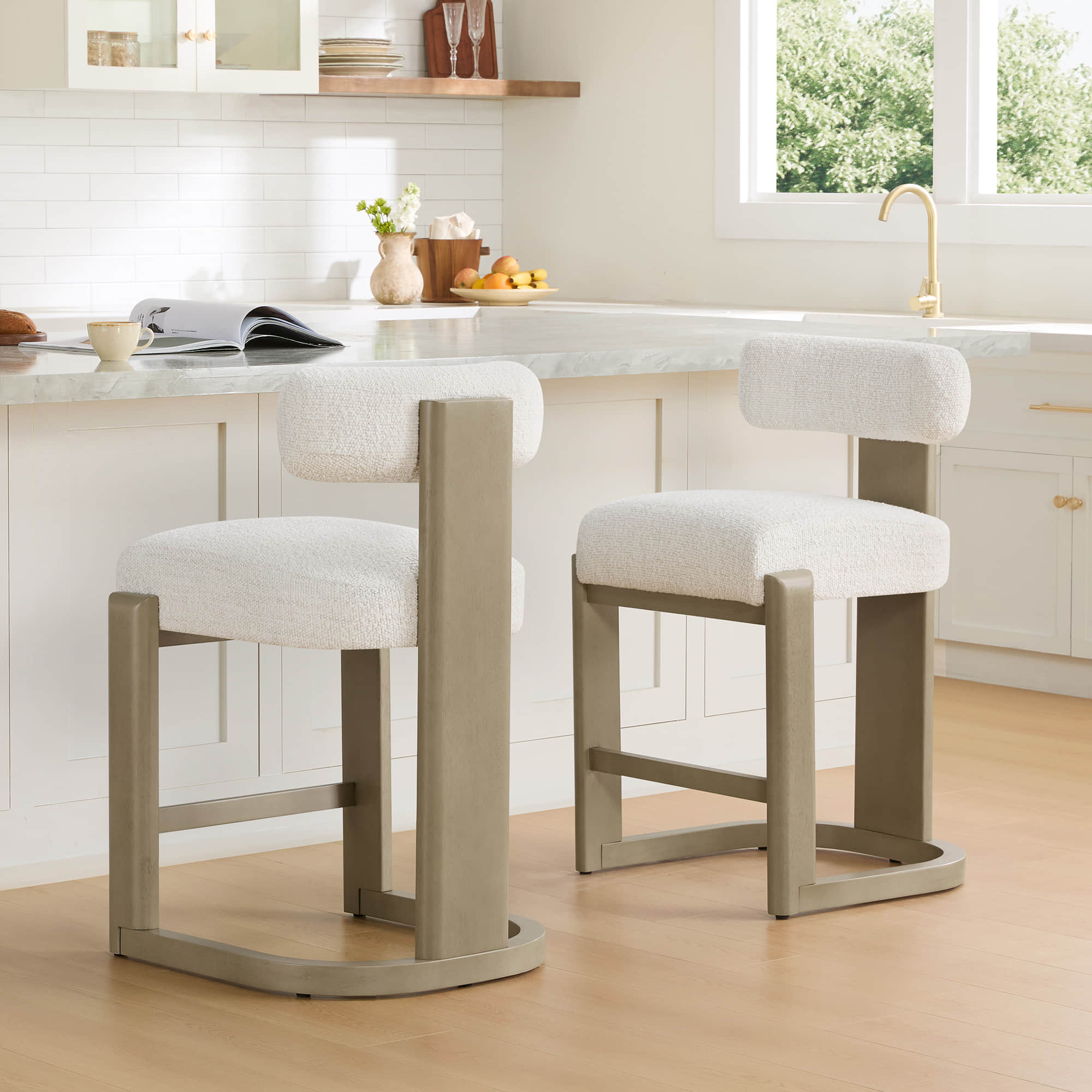 Troy Boucle Counter Stools With Solid Wood