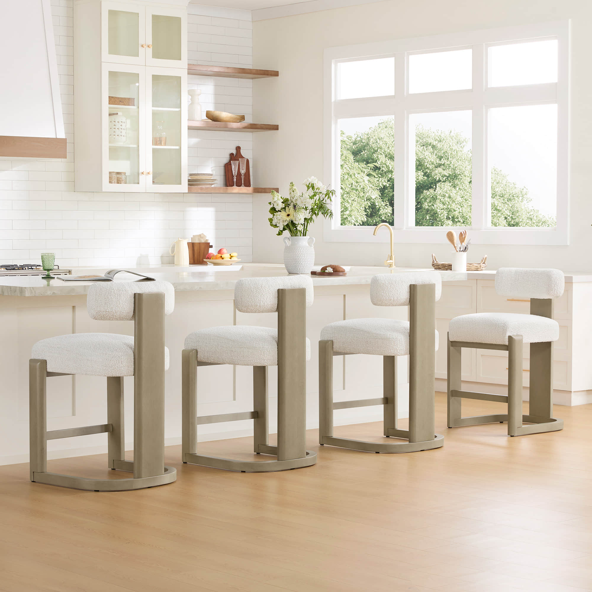 Troy Boucle Counter Stools With Solid Wood