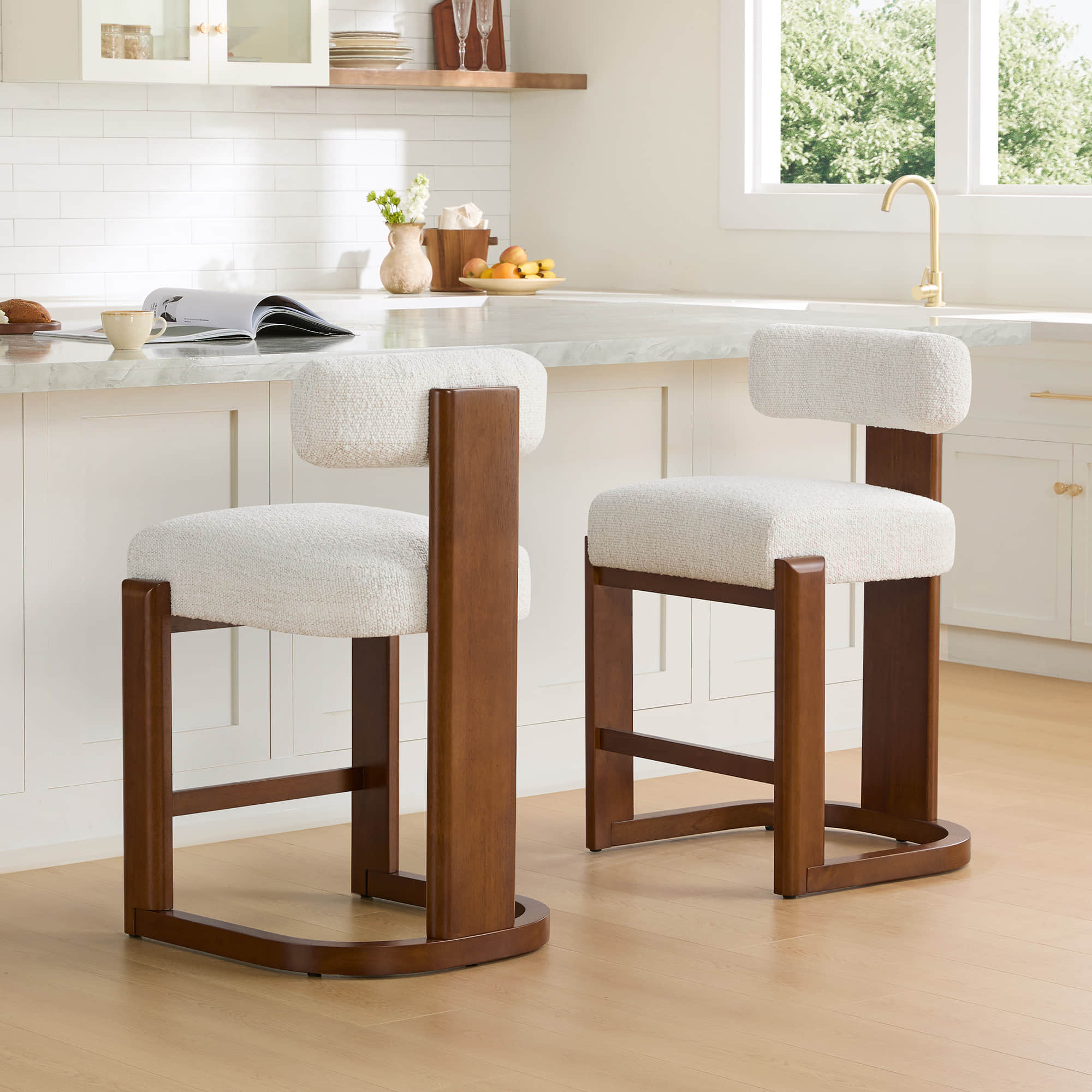 Troy Boucle Counter Stools With Solid Wood