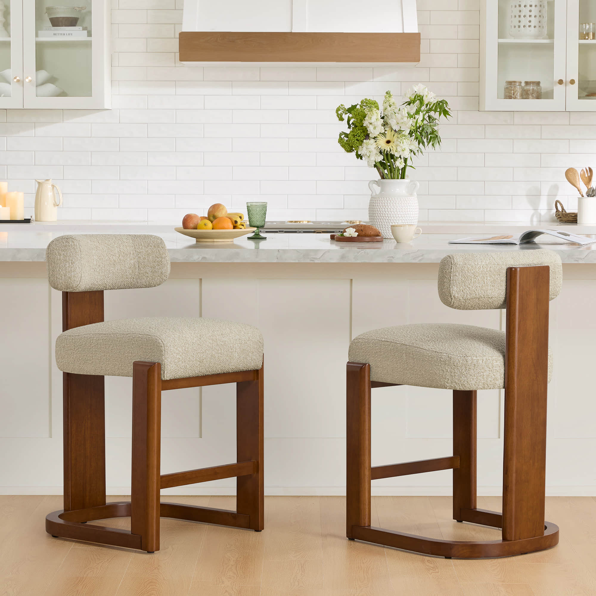 Troy Boucle Counter Stools With Solid Wood