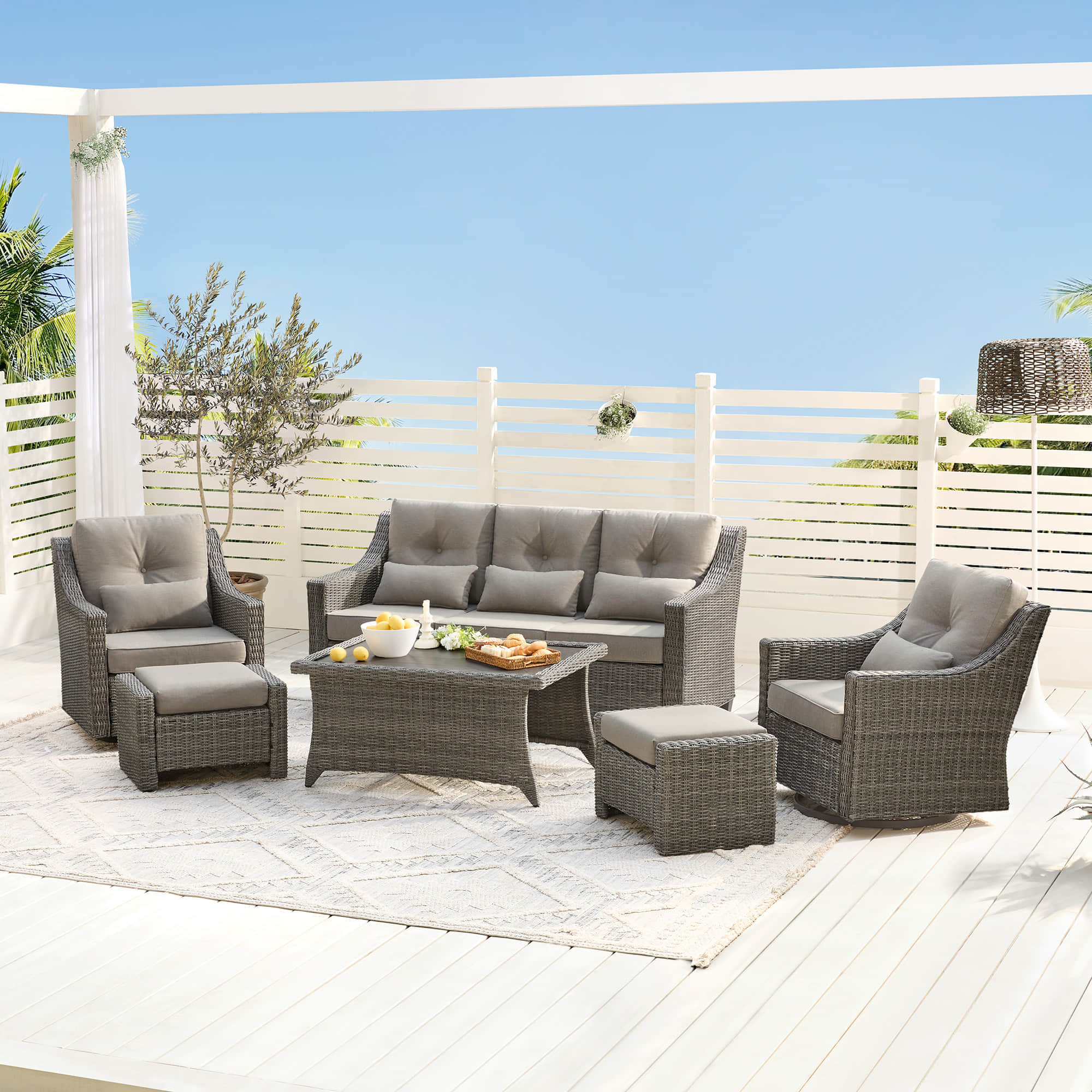 Elara Outdoor Rattan Sofa Set with Rocking Chairs and Coffee Table - 5 Seats