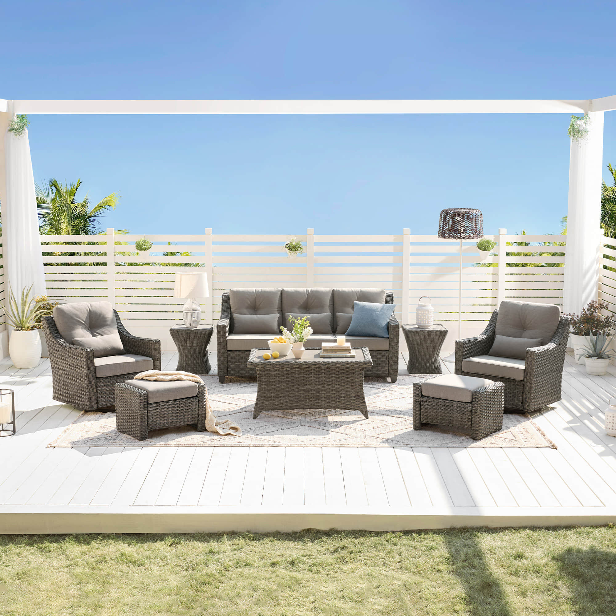 Elara Outdoor Rattan Sofa Set with Rocking Chairs and Coffee Table - 5 Seats
