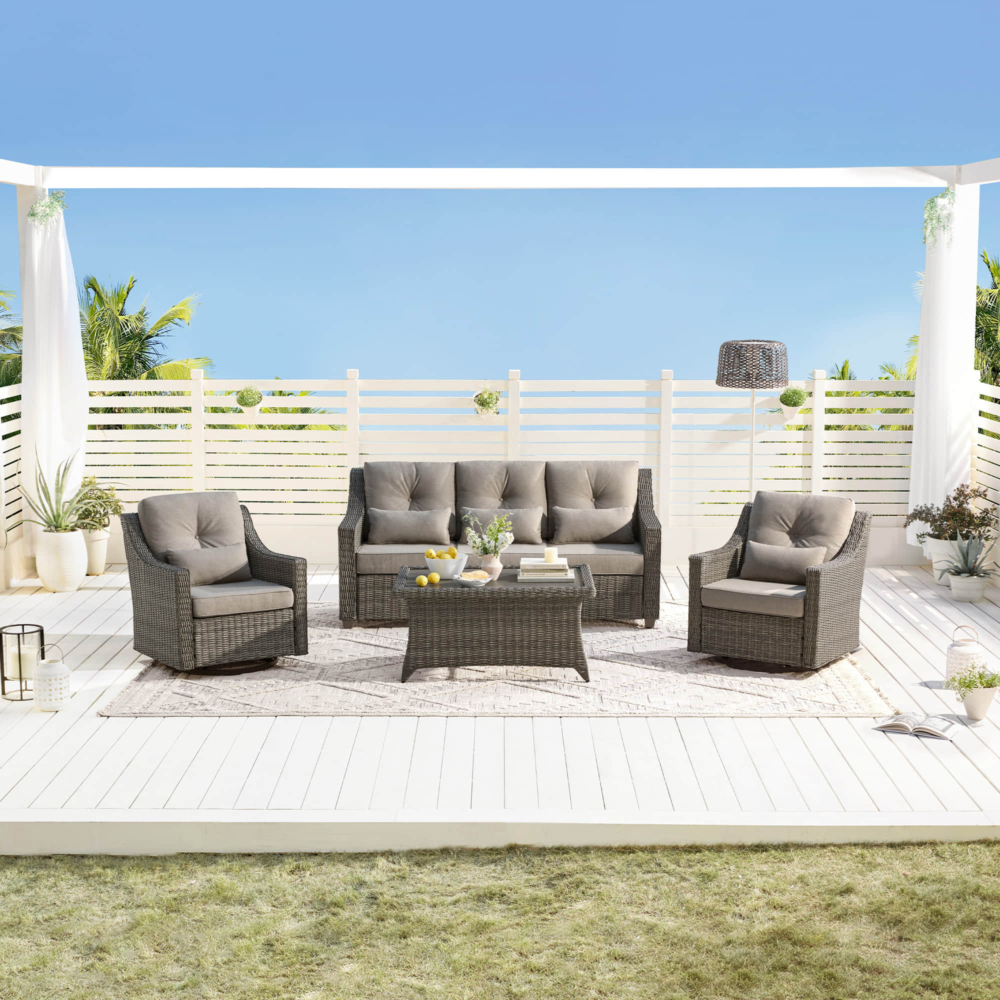 Elara Outdoor Rattan Sofa Set with Rocking Chairs and Coffee Table - 5 Seats