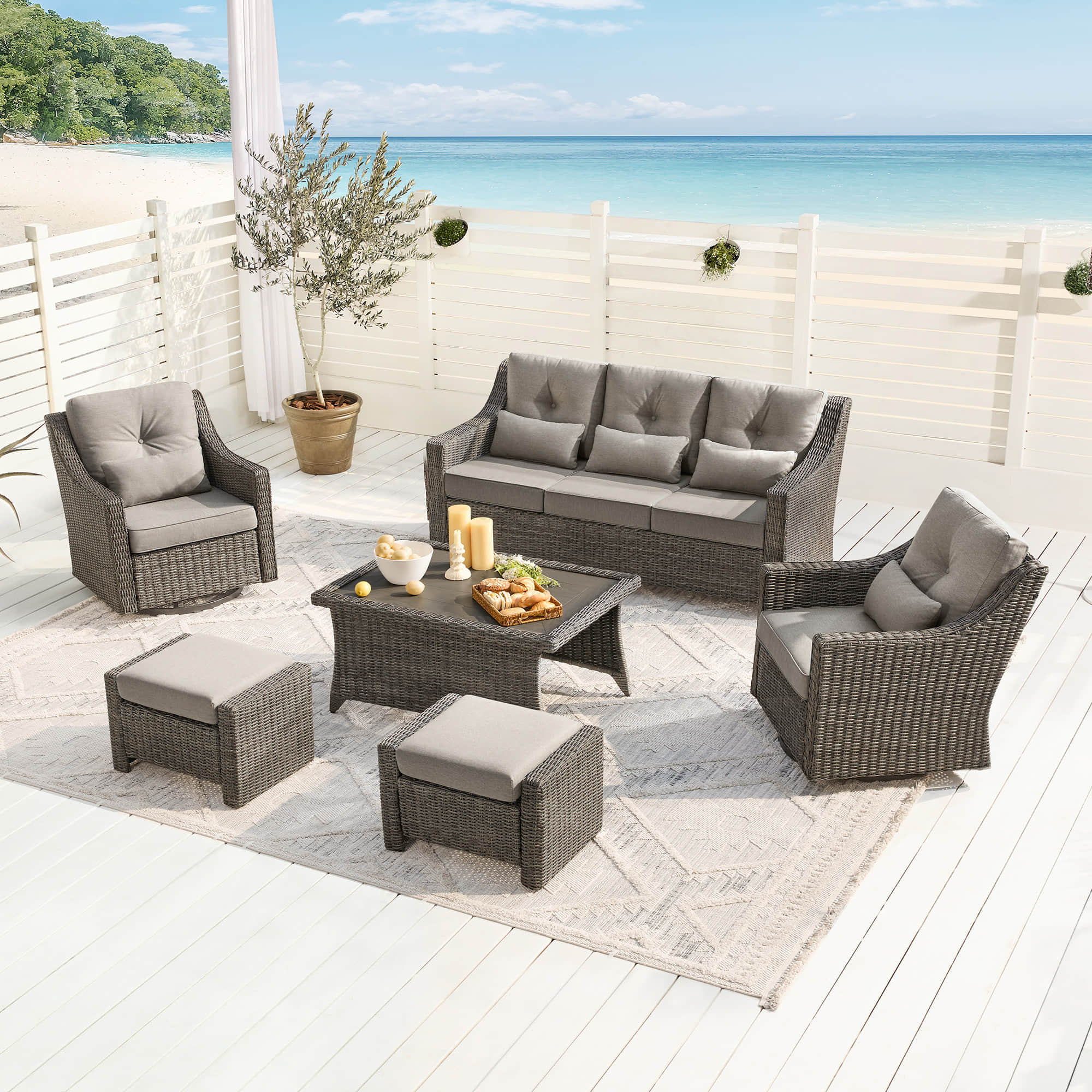 Elara Outdoor Rattan Sofa Set with Rocking Chairs and Coffee Table - 5 Seats