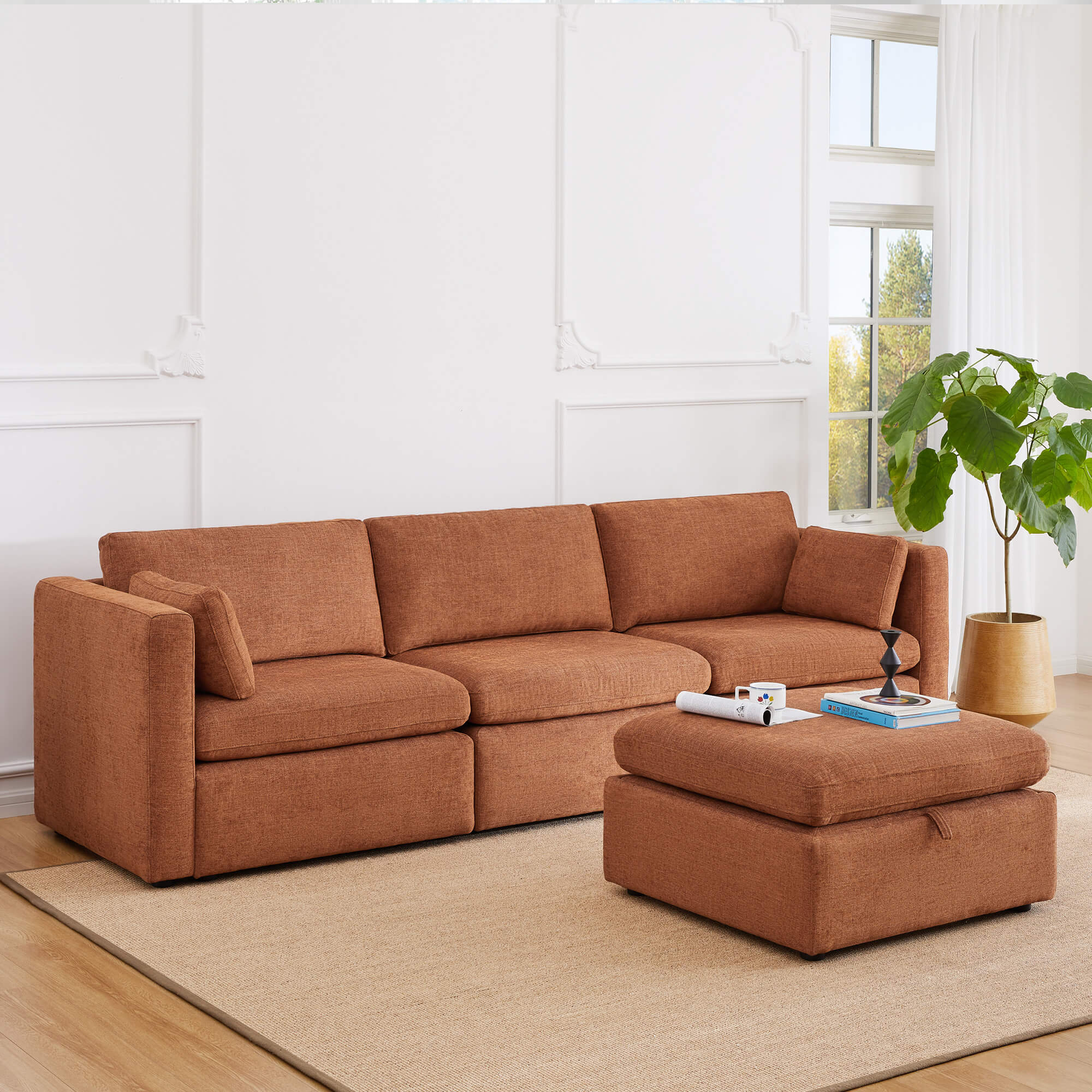 Delaney 4-Seat Modular Sofa Chaise with Storage Ottoman