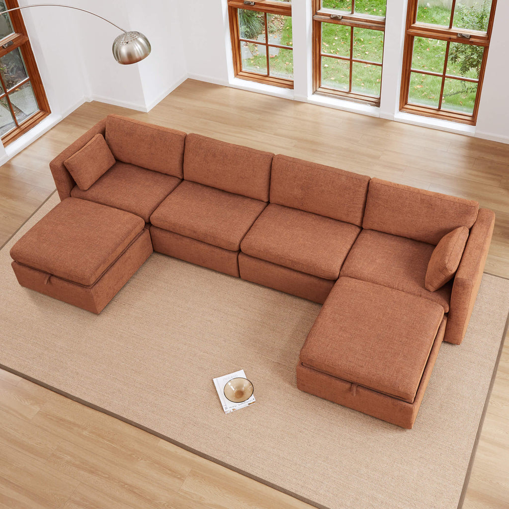 Delaney 6-Seat Modular Sofa Chaise with Storage Ottomans