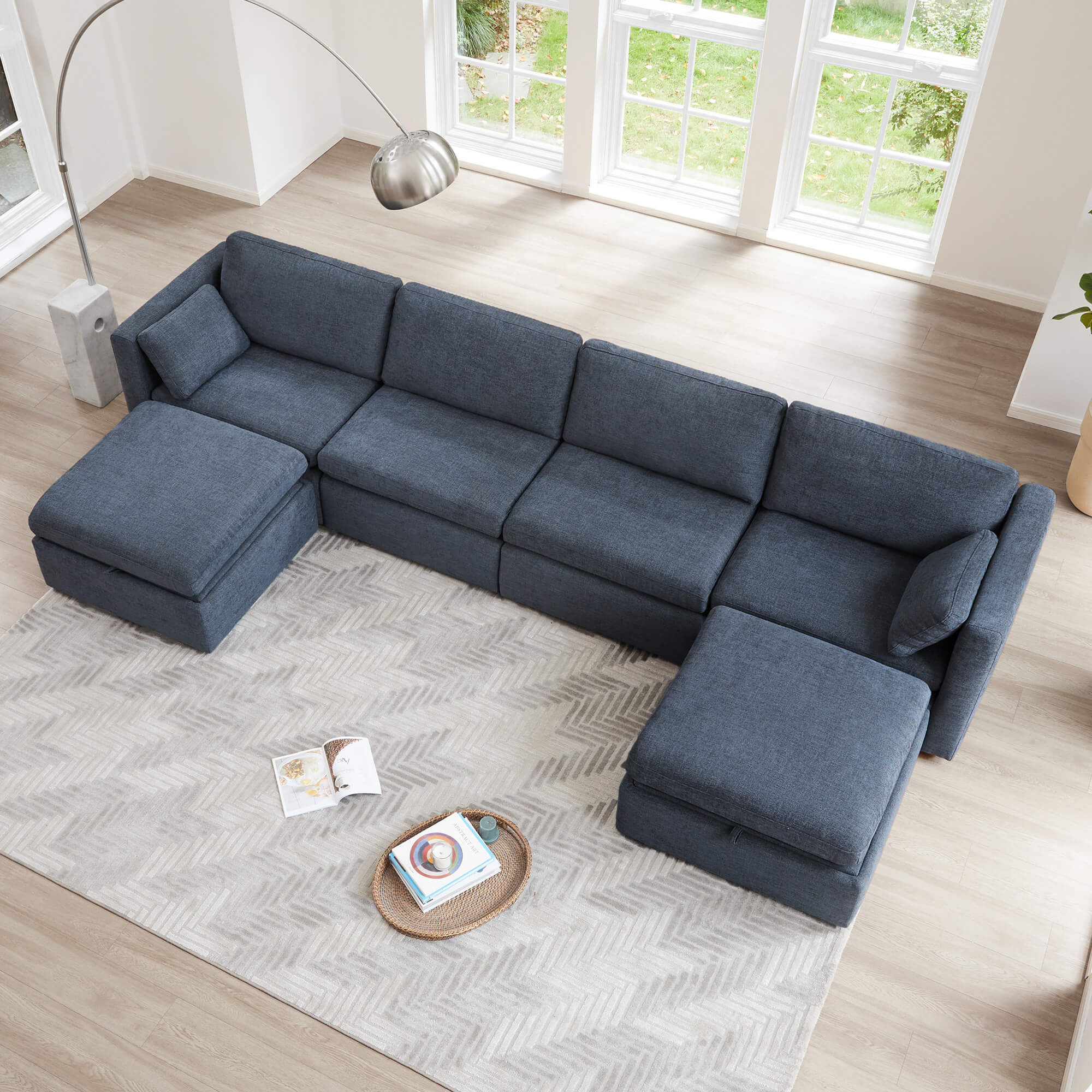 Delaney 6-Seat Modular Sofa Chaise with Storage Ottomans